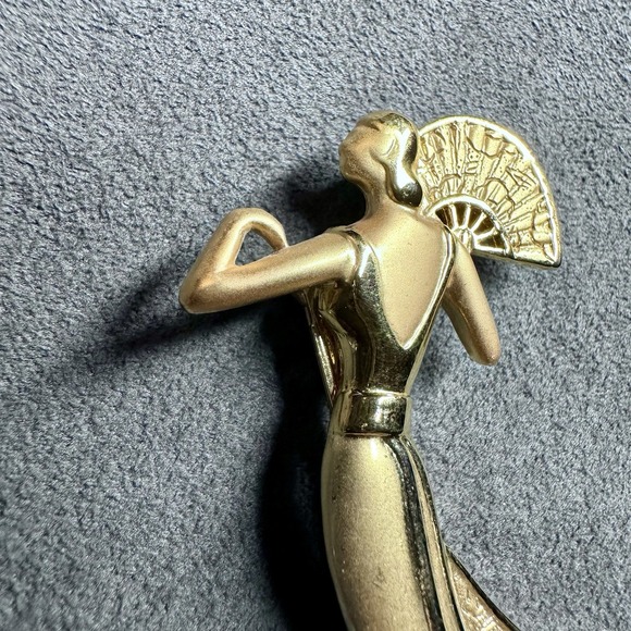 Vintage JJ 1988 Jonette Goldtone Woman Fan Brooch Pin – Formal Evening Jewelry - Picture 2 of 6